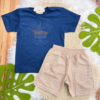 Conj. Camiseta East Dock e Bermuda em Linho - Marinho e Ferrugem